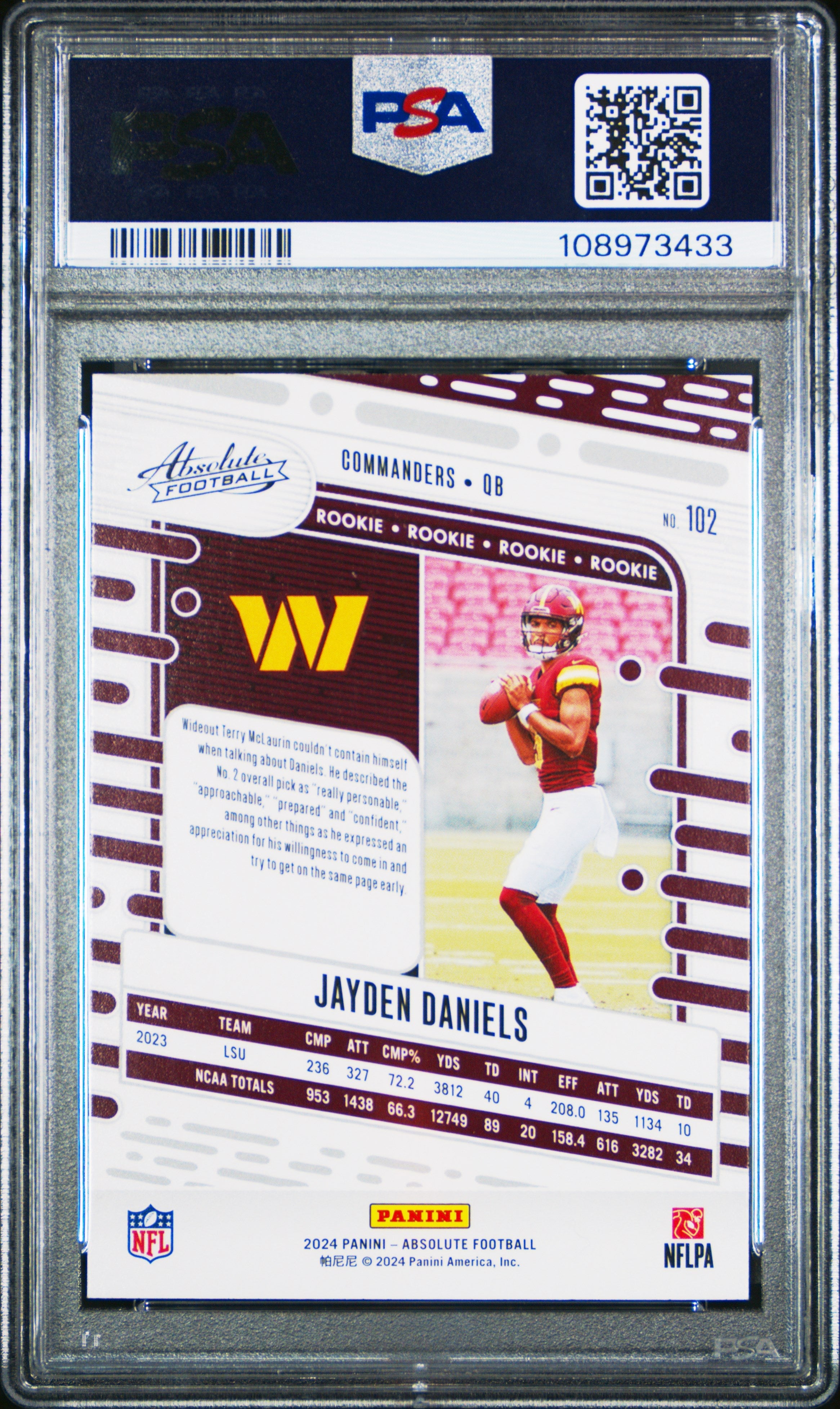 Graded 2024 Panini Absolute Jayden Daniels #102 Black Rookie RC Football Card PSA 10 Gem Mint