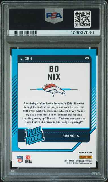 Graded 2024 Panini Donruss Bo Nix #369 Optic Preview Red & Green Rookie RC Football Card PSA 10 Gem Mint