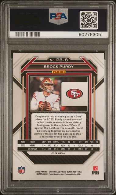 Graded 2022 Panini Chronicles Brock Purdy #PB8 Prizm Black Silver Rookie RC Football Card PSA 10 Gem Mint