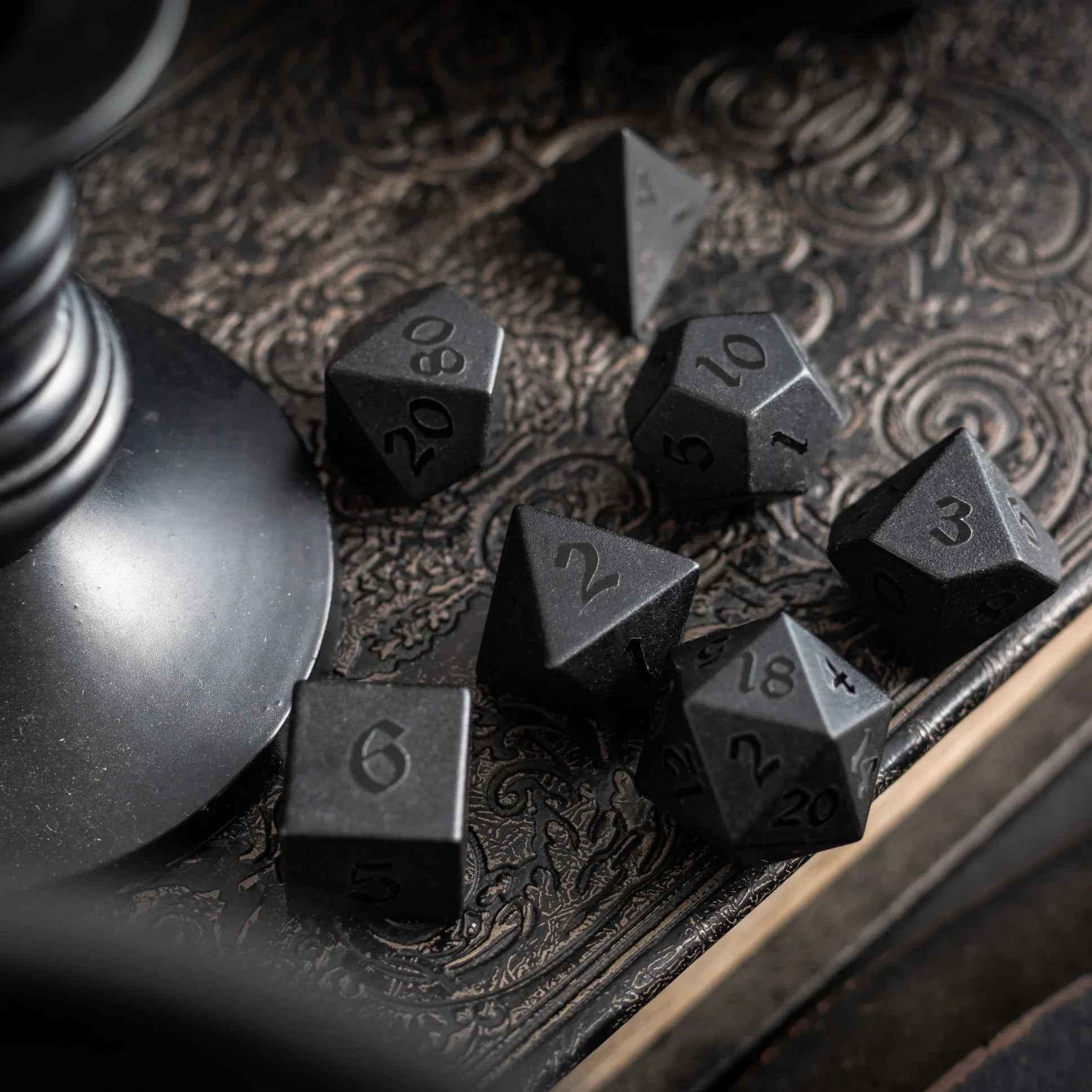 Gemstone Black Night Raised Obsidian Hand Carved DND Dice Set