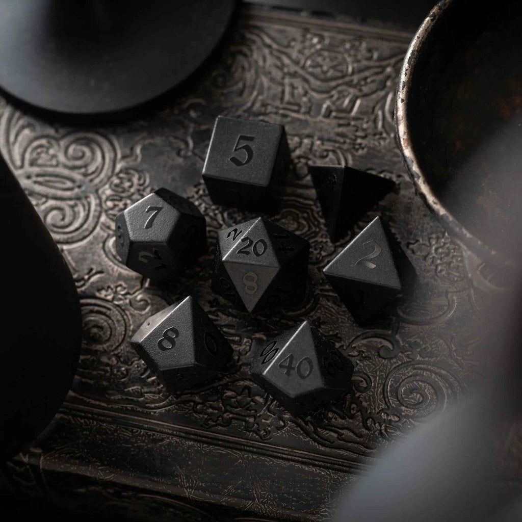 Gemstone Black Night Raised Obsidian Hand Carved DND Dice Set