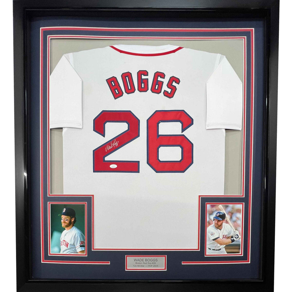 Framed Autographed/Signed Wade Boggs 35x39 Boston White Baseball Jersey JSA COA