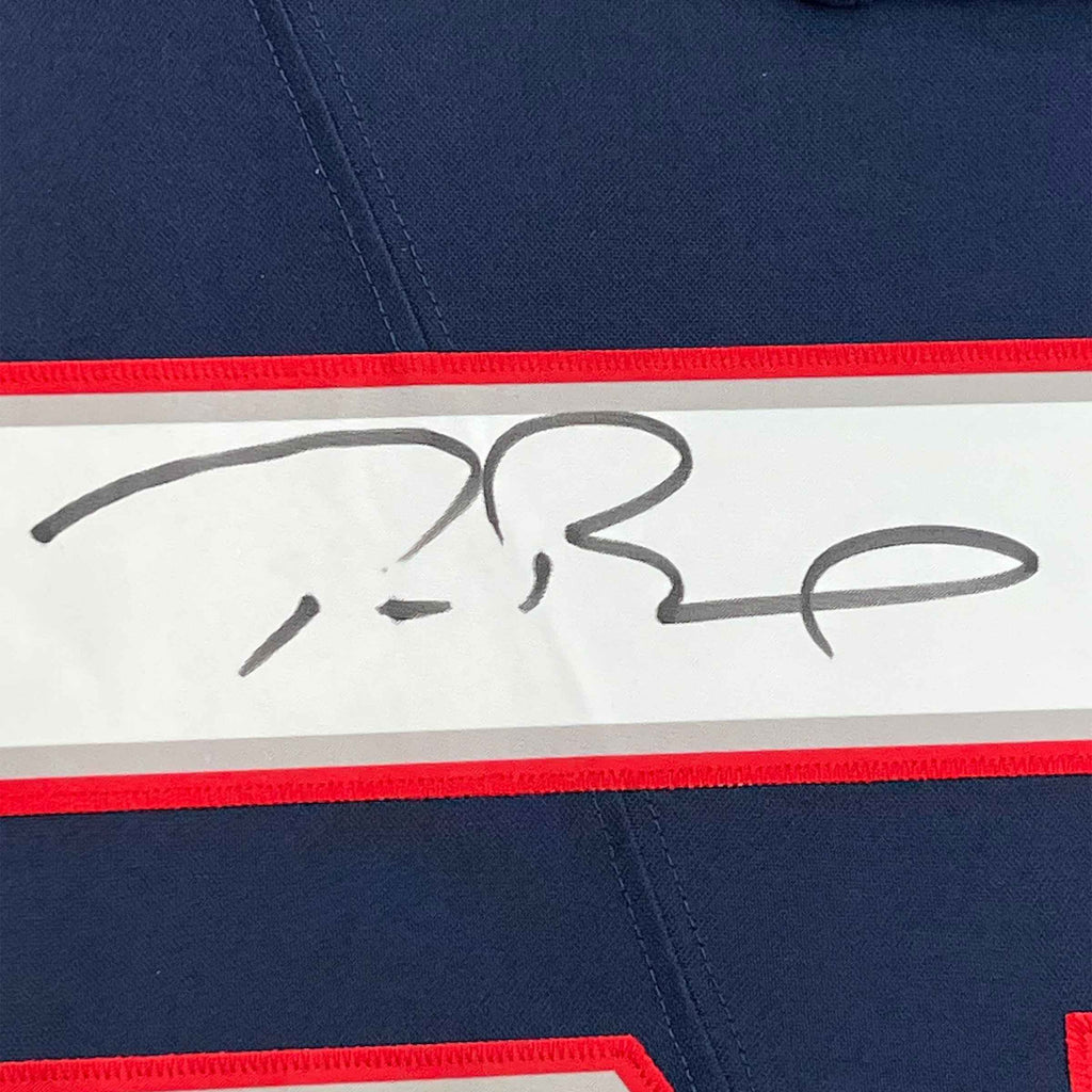 Framed Autographed/Signed Tom Brady 35x39 New England Patriots Blue Authentic Nike Limited Football Jersey Fanatics COA/LOA
