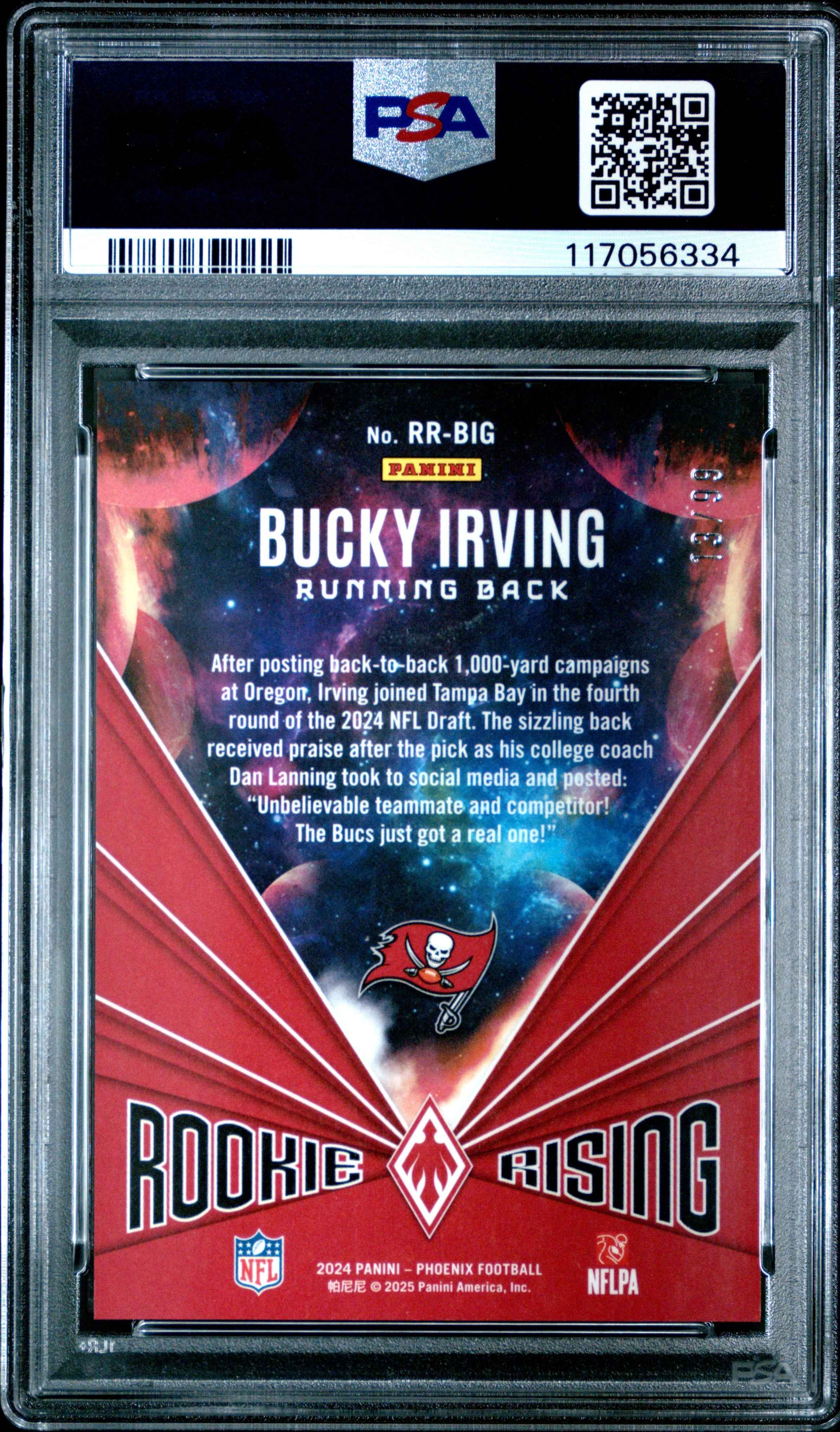 Graded 2024 Panini Phoenix Bucky Irving #RRBIG Rookie Rising Red /99 Rookie RC Football Card PSA 10 Gem Mint