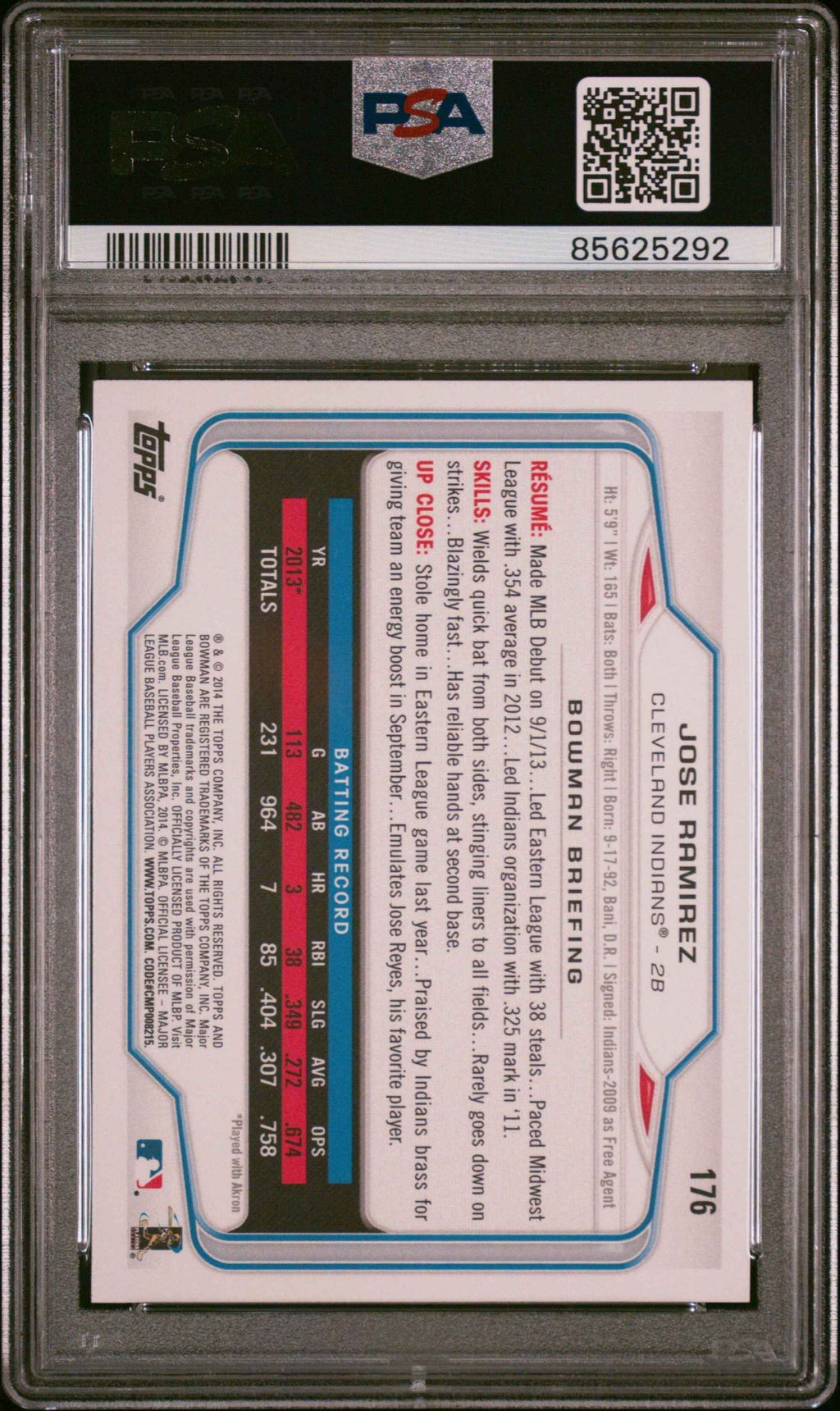 Graded 2014 Topps Bowman Jose Ramirez #176 Rookie RC Baseball Card PSA 9 Mint