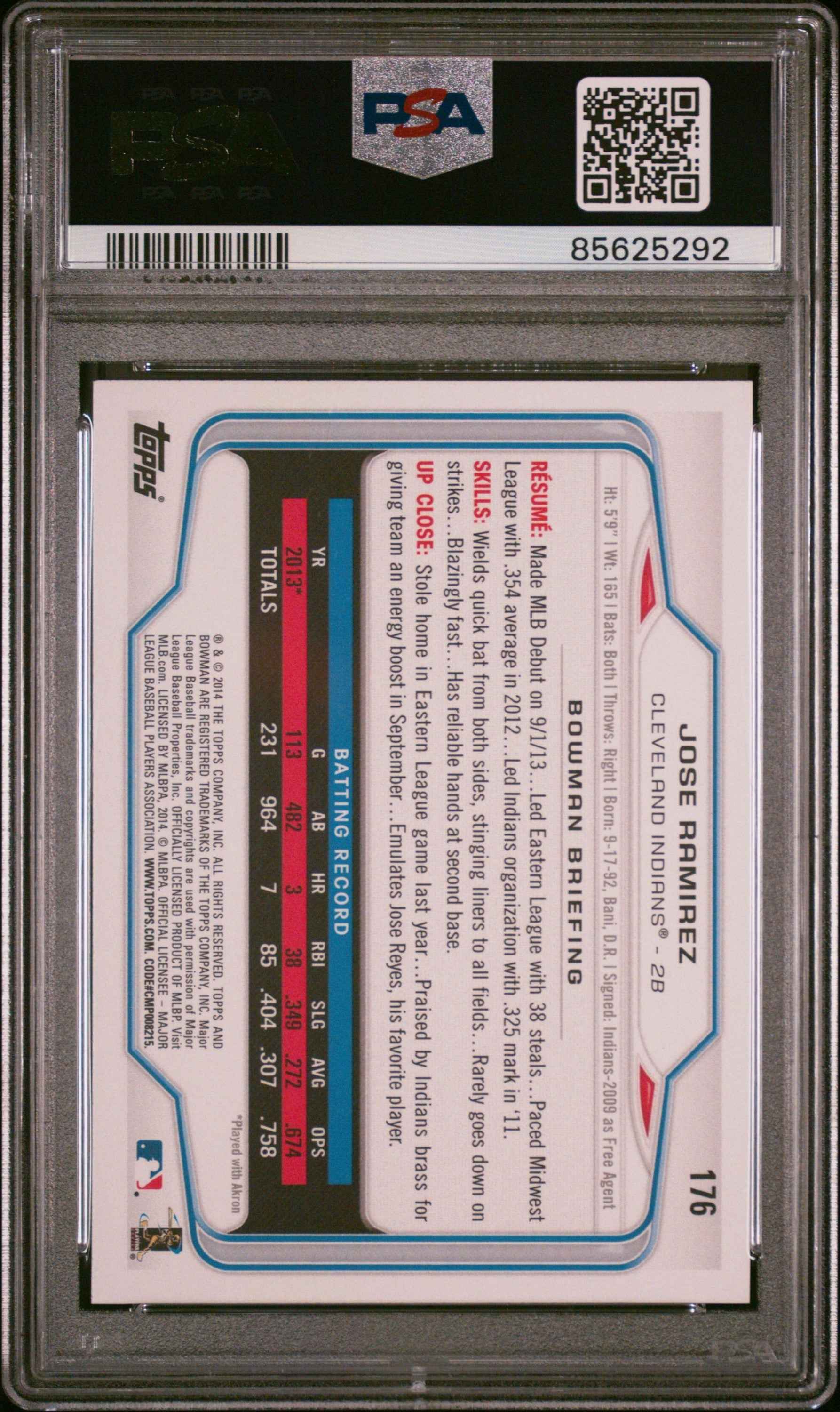 Graded 2014 Topps Bowman Jose Ramirez #176 Rookie RC Baseball Card PSA 9 Mint