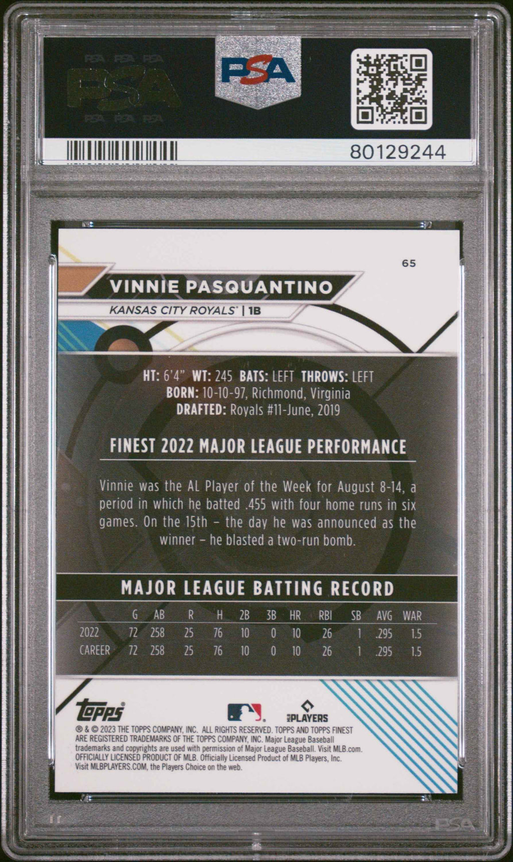 Graded 2023 Topps Finest Vinnie Pasquantino #65 Sky Blue #/300 Rookie RC Baseball Card PSA 10 Gem Mint