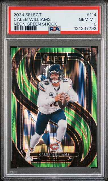 Graded 2024 Panini Select Caleb Williams #114 Neon Green Shock /499 Rookie RC Football Card PSA 10 Gem Mint
