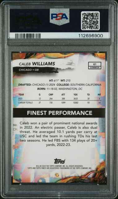 Graded 2024 Topps Finest Caleb Williams #61 /99 Blue Checkerboard Rookie RC Football Card PSA 10 Gem Mint