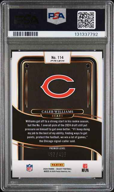 Graded 2024 Panini Select Caleb Williams #114 Neon Green Shock /499 Rookie RC Football Card PSA 10 Gem Mint