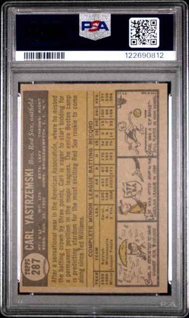 Graded 1961 Topps Carl Yastrzemski #287 Star Rookie 2nd Year Baseball Card PSA 5 Excellent