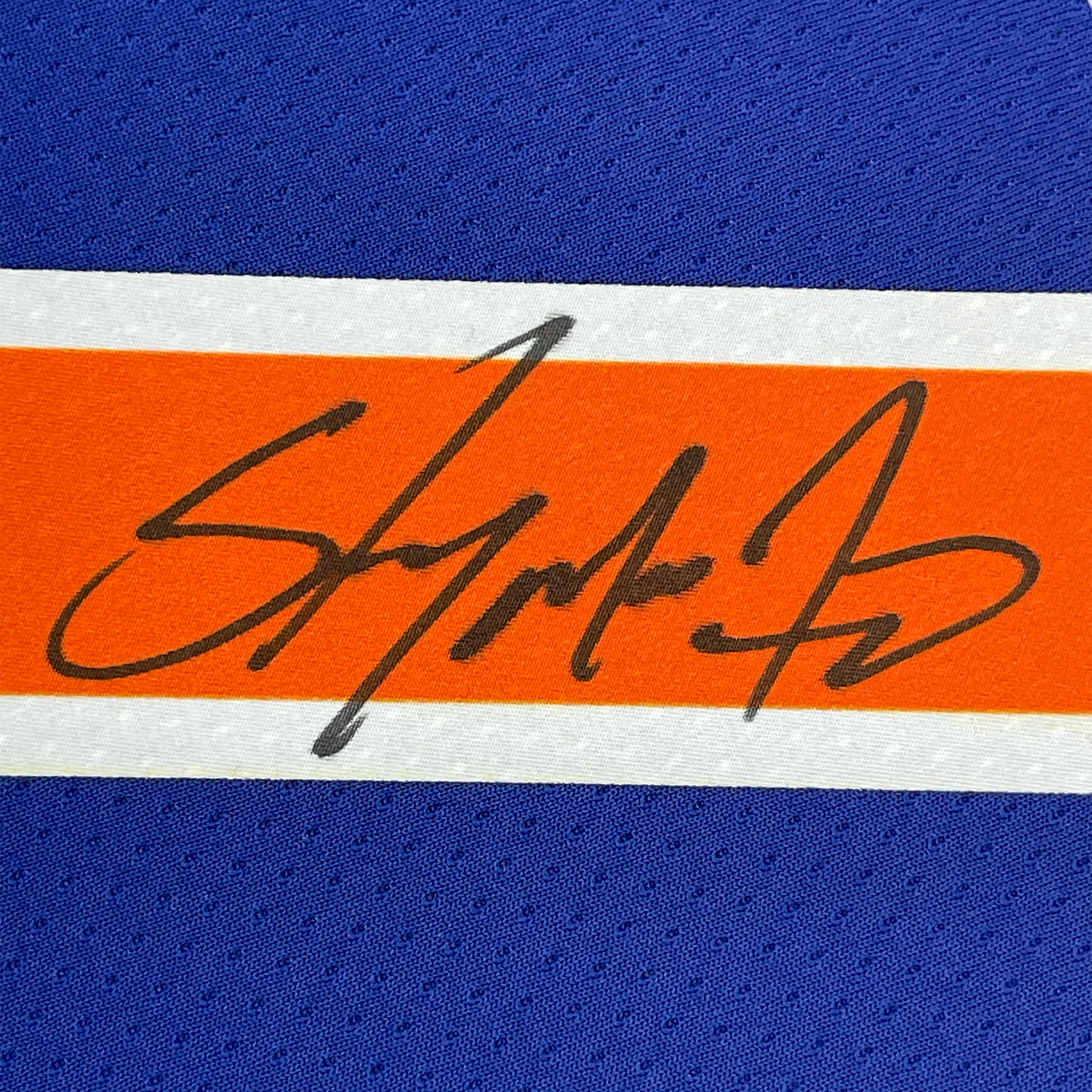 Framed Autographed/Signed Carmelo Anthony 35x39 New York Knicks Blue Authentic Swingman Basketball Jersey Fanatics COA