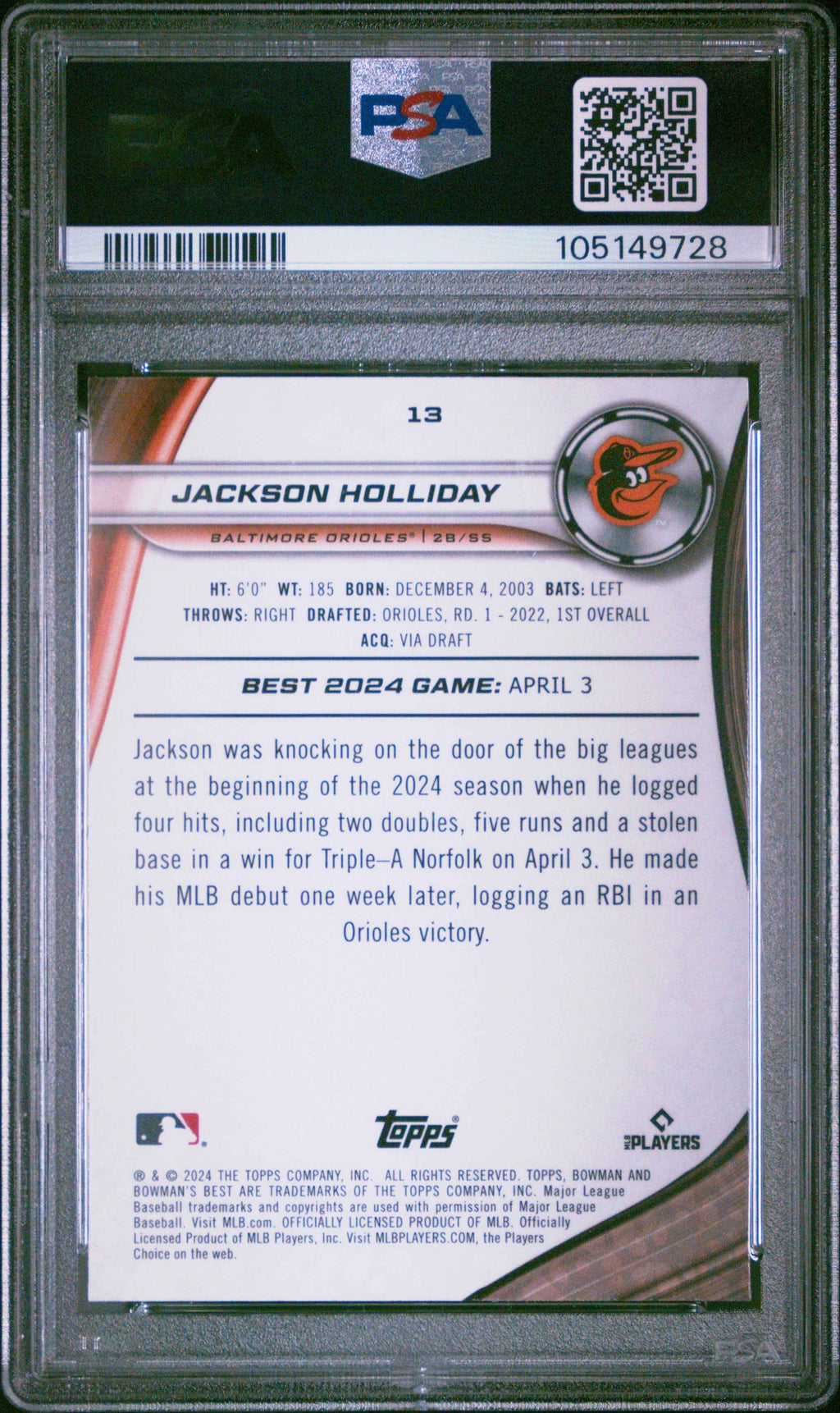 Graded 2024 Topps Bowmans Best Jackson Holliday #13 Rookie RC Baseball Card PSA 10 Gem Mint