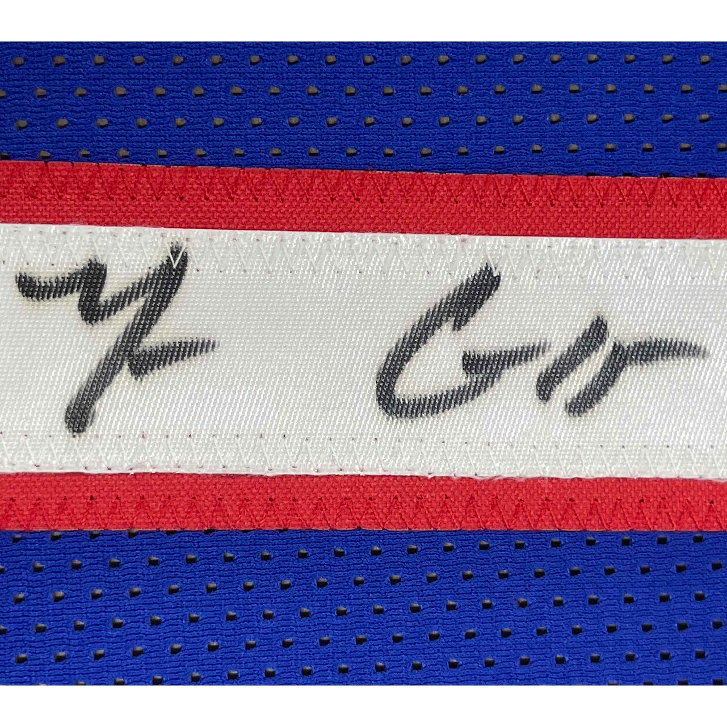 Framed Autographed/Signed Mario Chalmers 35x39 Kansas Blue College Basketball Jersey JSA COA