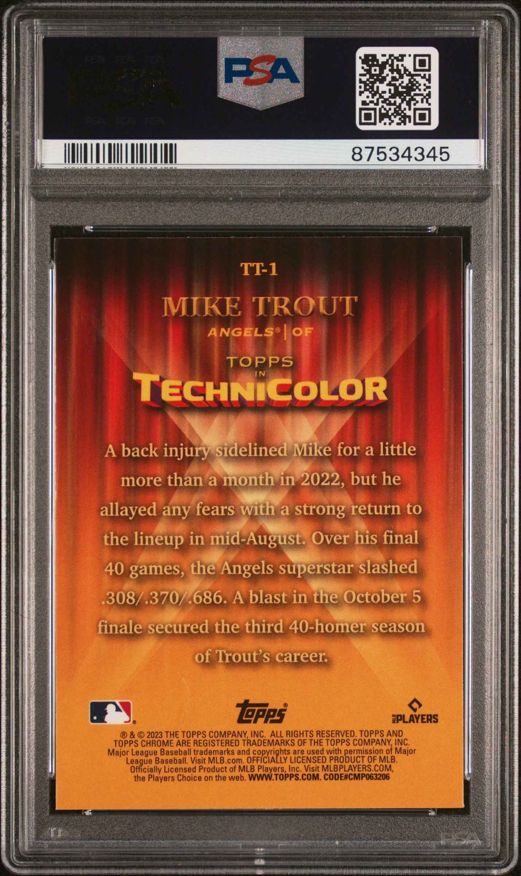 Graded 2023 Topps Chrome Mike Trout #TT1 Topps In Technicolor Baseball Card PSA 10 Gem Mint