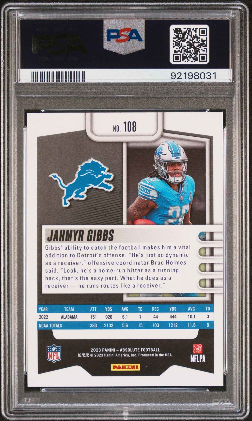 Graded 2023 Panini Absolute Jahmyr Gibbs #108 Black Rookie RC Football Card PSA 10 Gem Mint