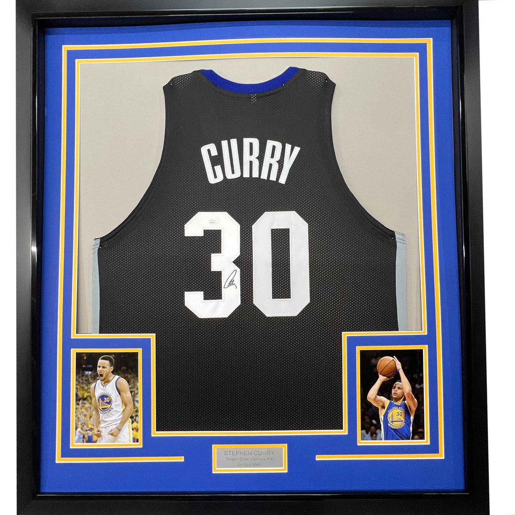 Framed Autographed/Signed Stephen Steph Curry 35x39 Golden State Black Basketball Jersey JSA COA
