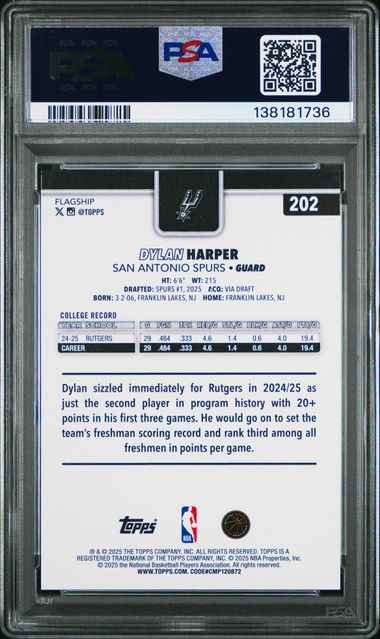Graded 2025 Topps Dylan Harper #202 Rookie RC Basketball Card PSA 10 Gem Mint
