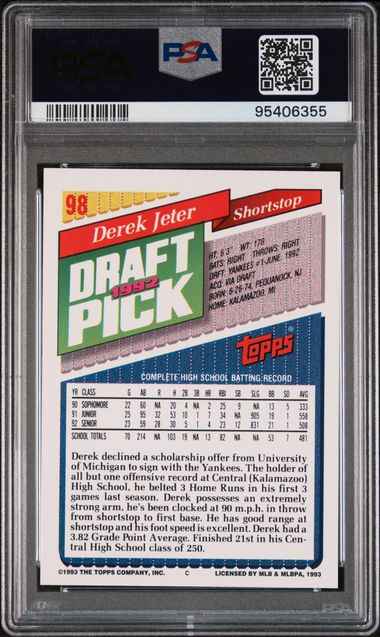 Graded 1993 Topps Derek Jeter #98 Rookie RC Baseball Card PSA 9 Mint