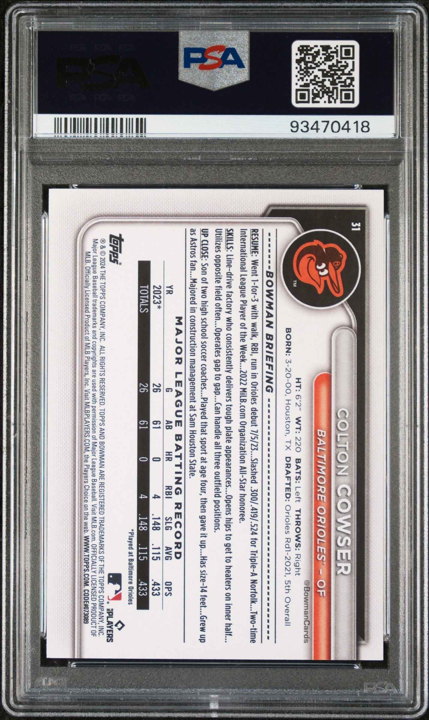 Graded 2024 Topps Bowman Colton Cowser #31 Rookie RC Baseball Card PSA 9 Mint