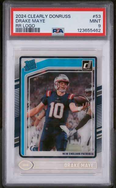 Graded 2024 Panini Clearly Donruss Drake Maye #53 RR Logo Rookie RC Football Card PSA 9 Mint