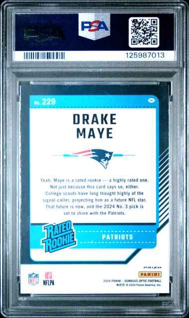 Graded 2024 Panini Donruss Optic Drake Maye #229 Blue Hyper Rookie RC Football Card PSA 10 Gem Mint