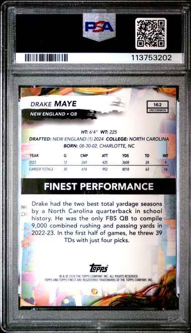 Graded 2024 Topps Finest Drake Maye #162 /75 Blue Checkerboard Rookie RC Football Card PSA 10 Gem Mint