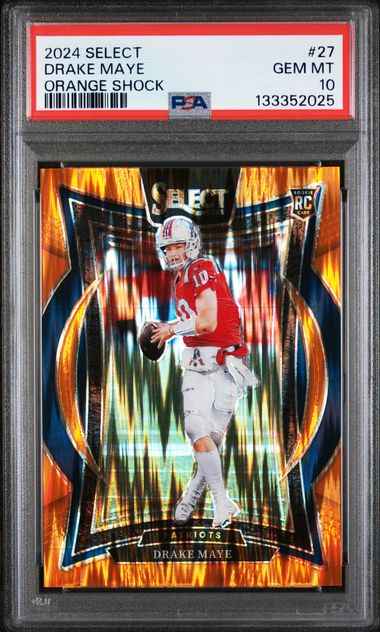 Graded 2024 Panini Select Drake Maye #27 /499 Orange Shock Rookie RC Football Card PSA 10 Gem Mint