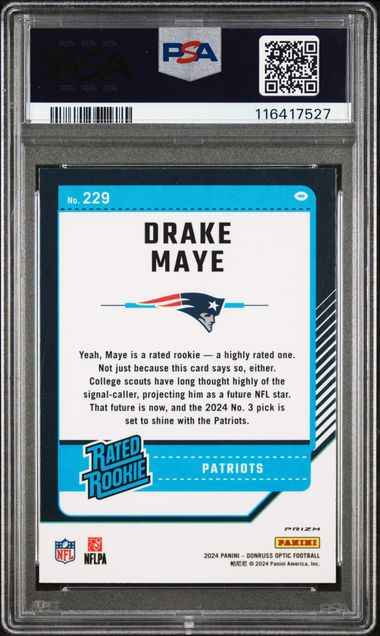 Graded 2024 Panini Donruss Optic Drake Maye #229 Holo Rookie RC Football Card PSA 9 Mint