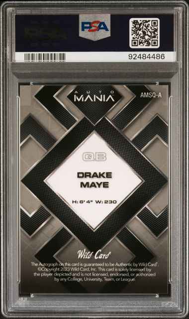 Graded 2023 WC Auto Mania Red Checkerboard Drake Maye #AMSQA /6 Auto Rookie RC Football Card PSA 10 Gem Mint