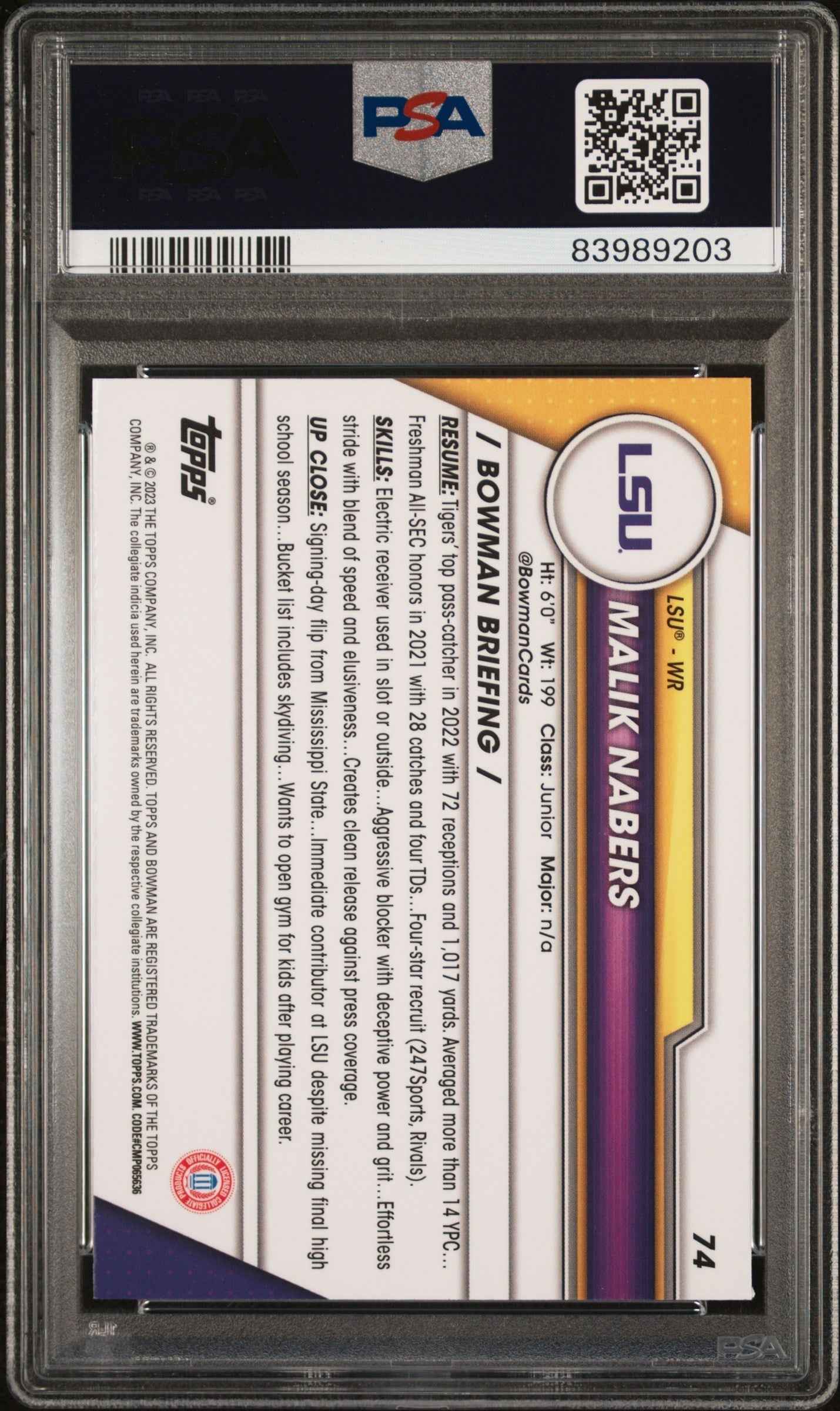 Graded 2023 Topps Bowman U Chrome Malik Nabers #74 Rookie RC Football Card PSA 10 Gem Mint