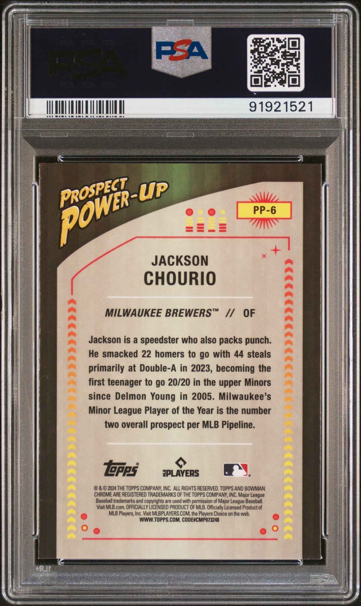 Graded 2024 Topps Bowman Jackson Chourio #PP6 Prospect Power Up Rookie RC Baseball Card PSA 10 Gem Mint