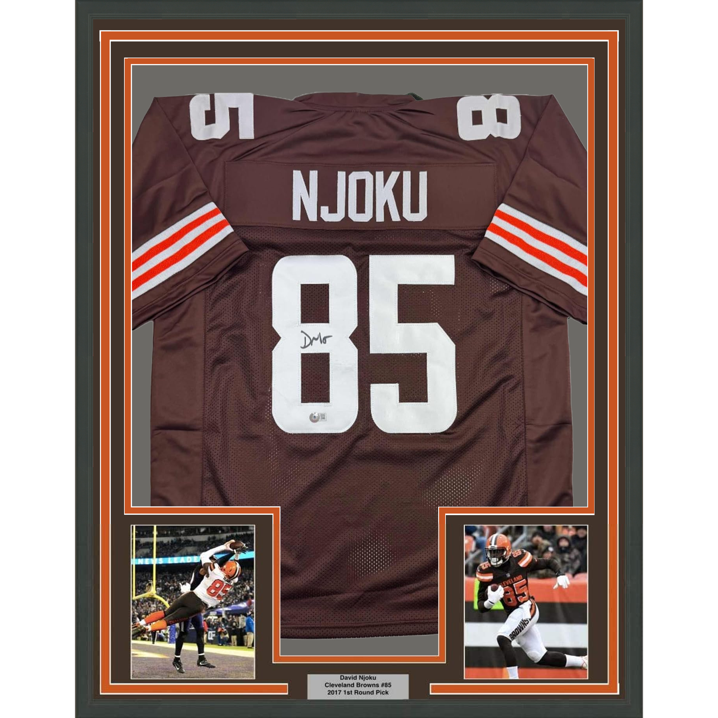 Framed Autographed/Signed David Njoku 35x39 Cleveland Football Brown Jersey Beckett BAS COA