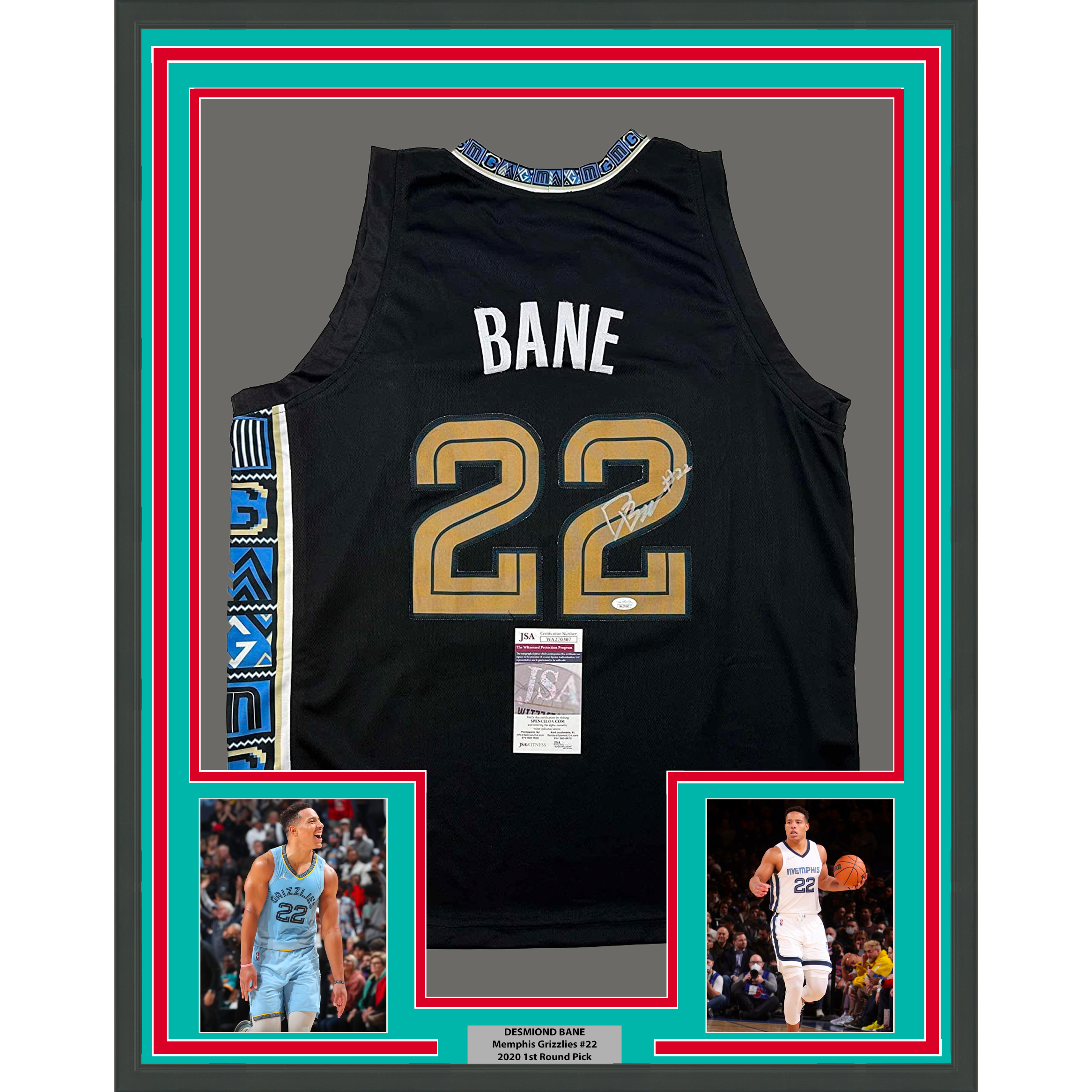 Framed Autographed/Signed Desmond Bane 35x39 Memphis Black Basketball Jersey JSA COA