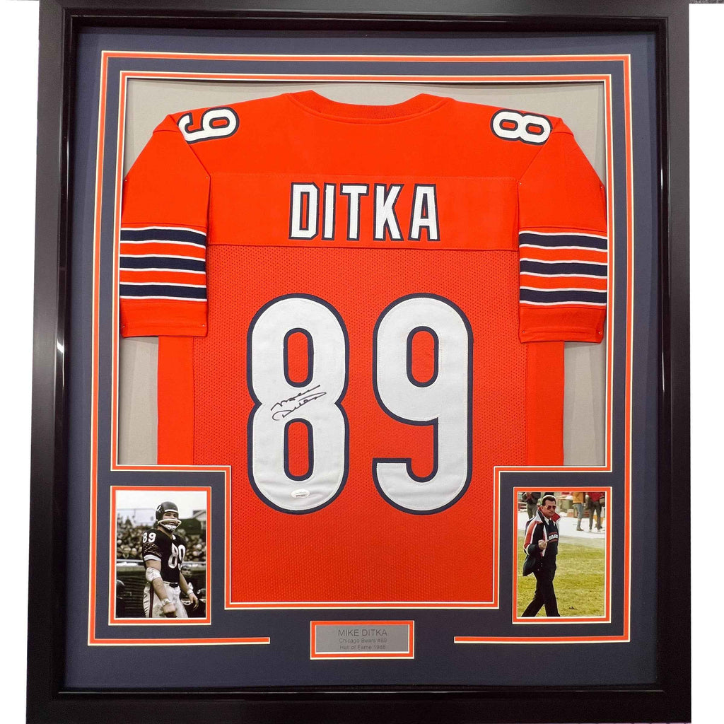 Framed Autographed/Signed Mike Ditka 35x39 Chicago Orange Football Jersey JSA COA