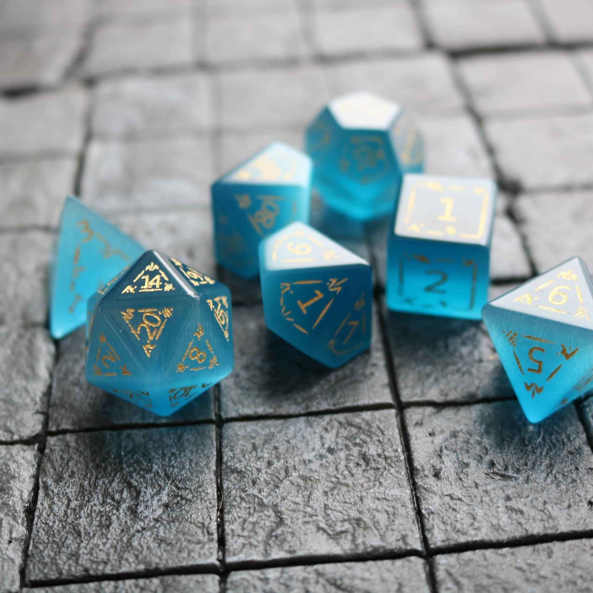 Dragon Shield Blue Cats Eye Stone Gemstone DND Dice Set