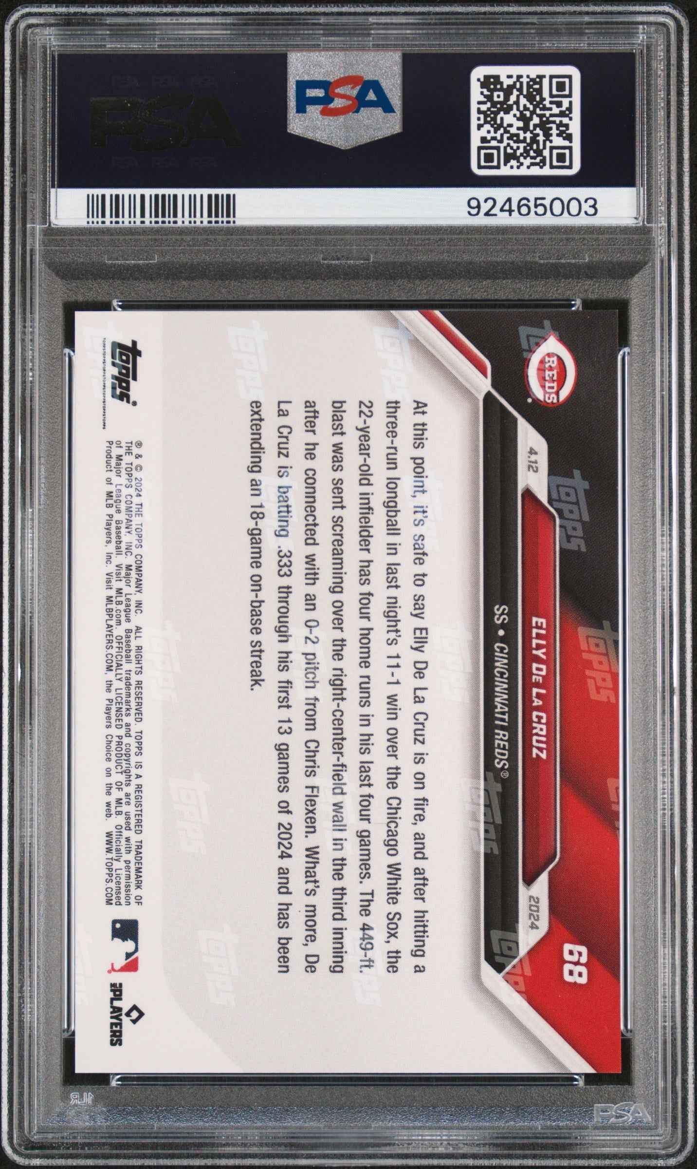 Graded 2024 Topps Now Elly De La Cruz #68 Purple #/25 Rookie RC Baseball Card PSA 10 Gem Mint