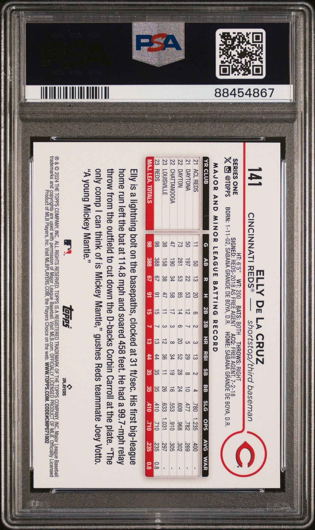 Graded 2024 Topps Elly De La Cruz #141 Rookie RC Baseball Card PSA 10 Gem Mint
