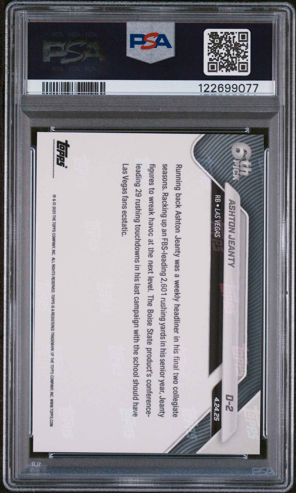 Graded 2025 Topps Now Ashton Jeanty #D2 Record Setting RB Selected 6th Overall Rookie RC Football Card PSA 10 Gem Mint