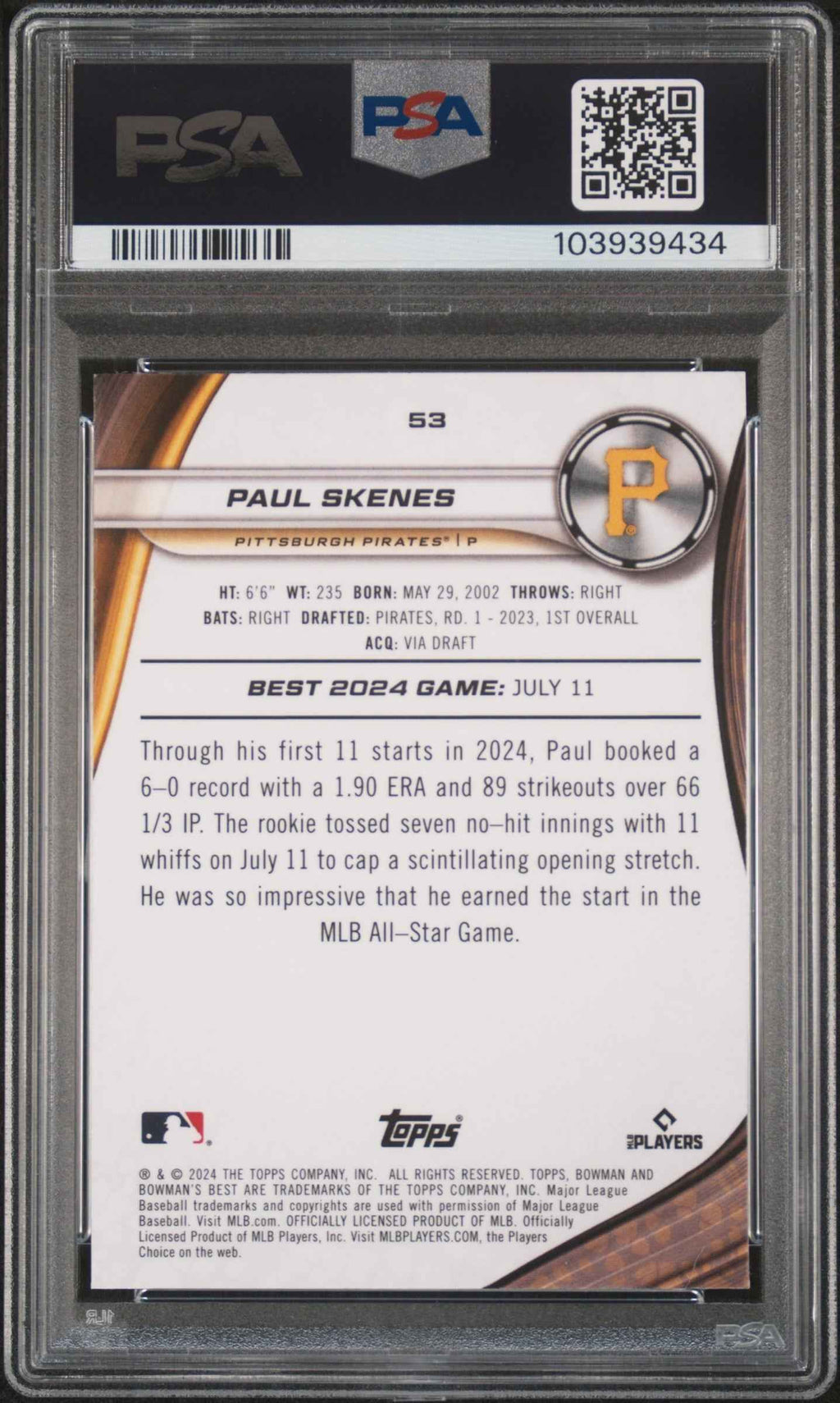 Graded 2024 Topps Bowmans Best Paul Skenes #53 Rookie RC Baseball Card PSA 10 Gem Mint