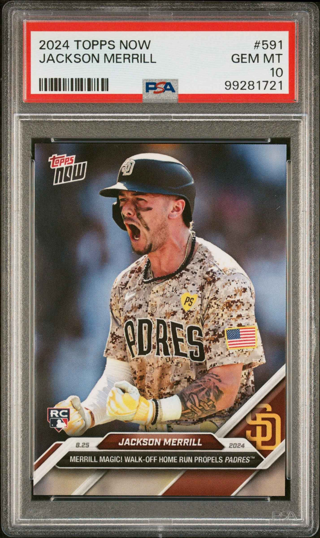Graded 2024 Topps Now Jackson Merrill #591 Merrill Magic! Walk Off Home Run Propels Padres Rookie RC Baseball Card PSA 10 Gem Mint