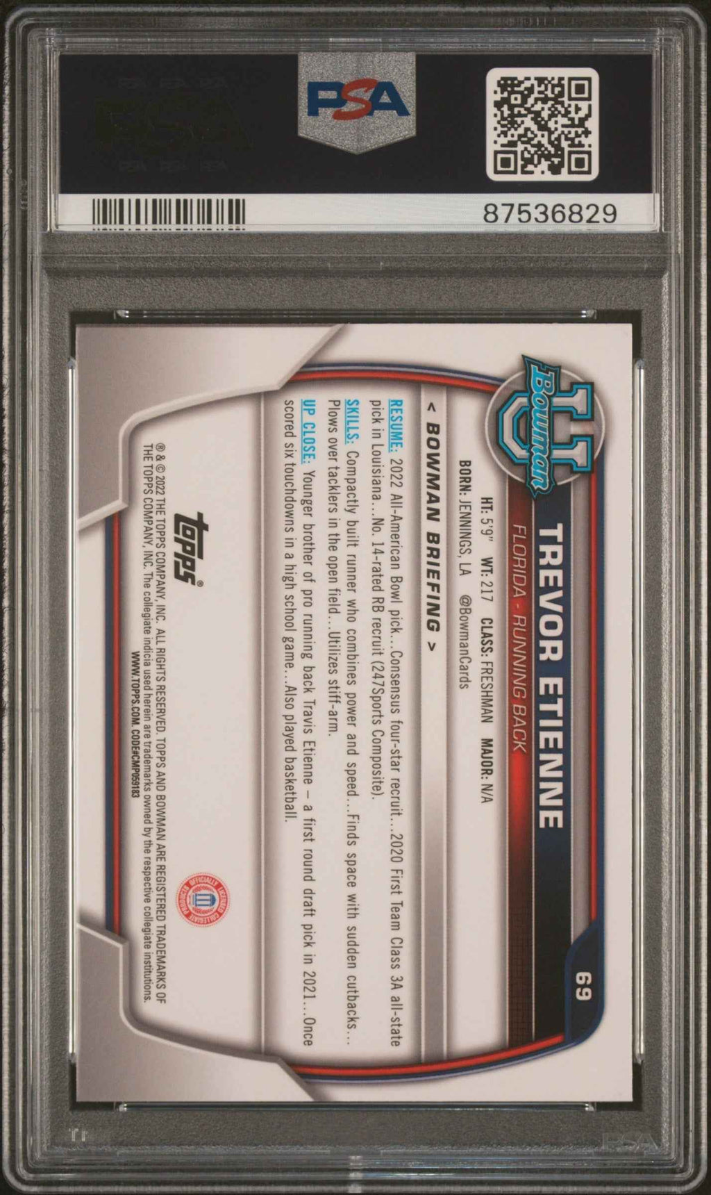 Graded 2022 Topps Bowman University Trevor Etienne #69 Chrome Prospects Rookie RC Football Card PSA 10 Gem Mint