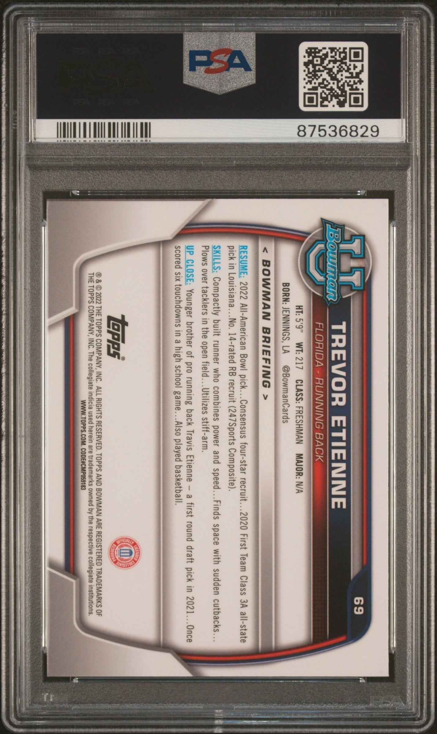Graded 2022 Topps Bowman University Trevor Etienne #69 Chrome Prospects Rookie RC Football Card PSA 10 Gem Mint
