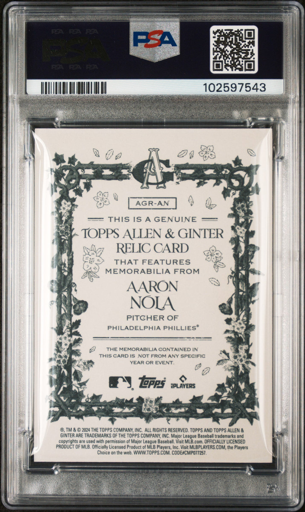 Graded 2024 Topps Allen & Ginter Aaron Nola #AGRAN Relic B Baseball Card PSA 10 Gem Mint