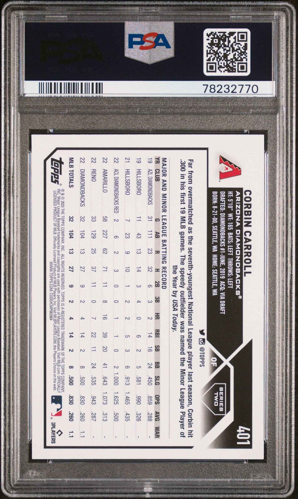 Graded 2023 Topps Corbin Carroll #401 Rookie RC Baseball Card PSA 10 Gem Mint