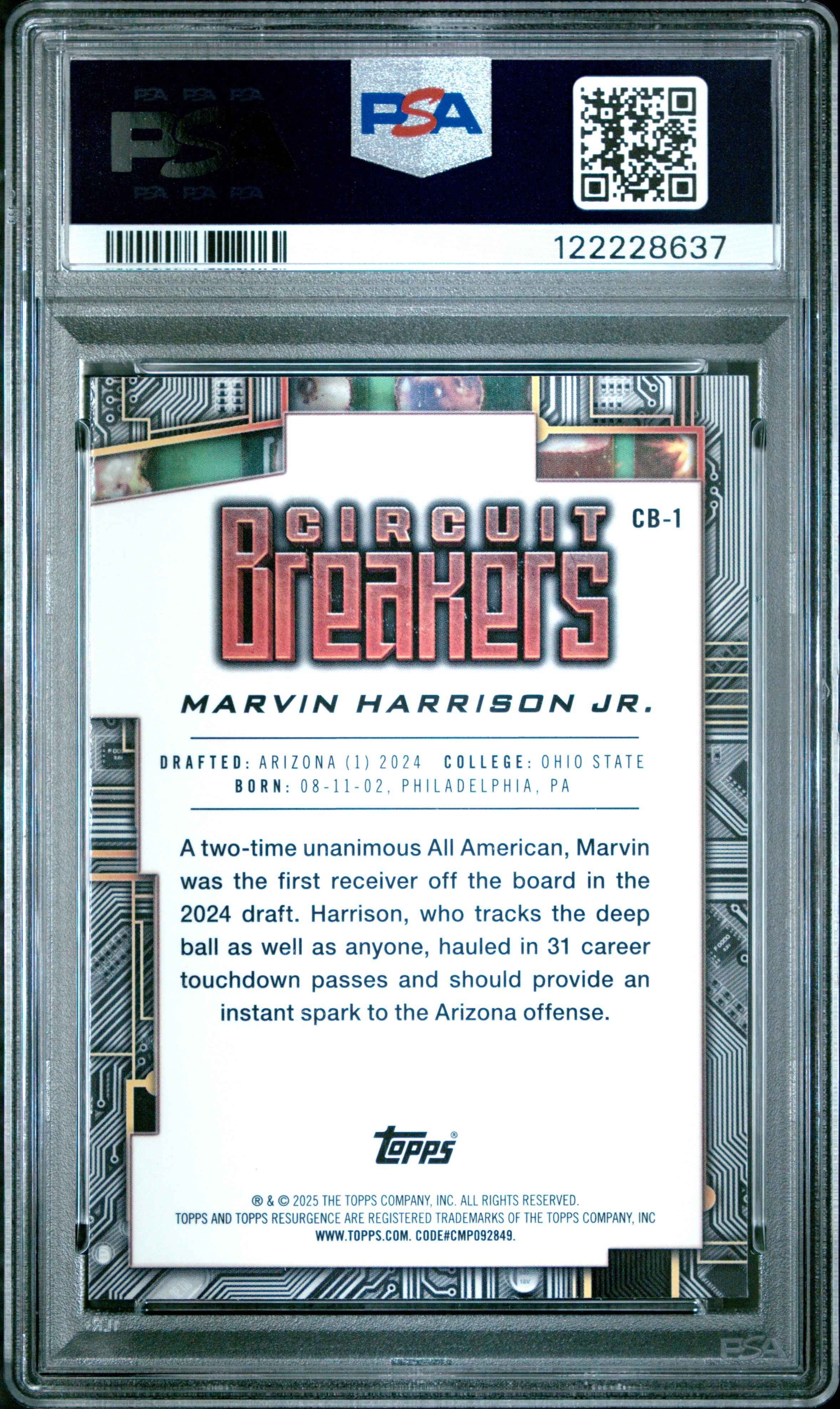 Graded 2024 Topps Resurgence Marvin Harrison Jr #CB1 Circuit Breakers Teal Surge /150 Rookie RC Football Card PSA 10 Gem Mint