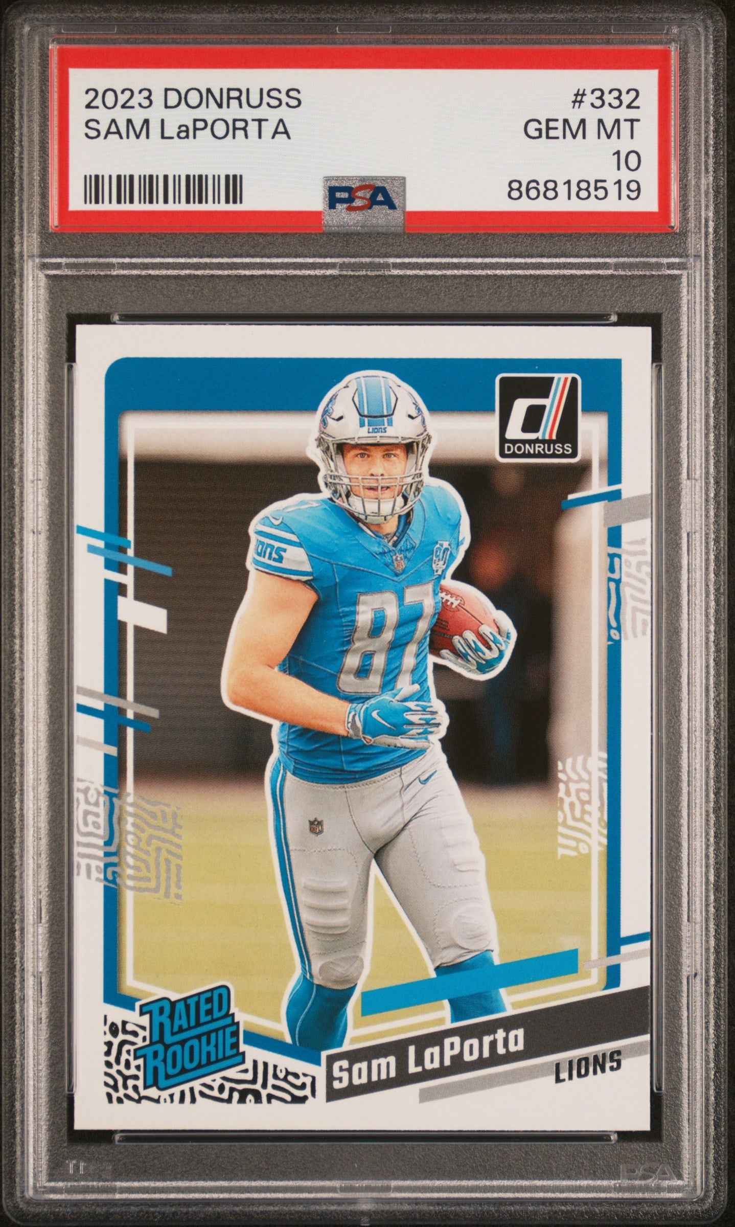Graded 2023 Panini Donruss Sam LaPorta #332 Rookie RC Football Card PSA 10 Gem Mint