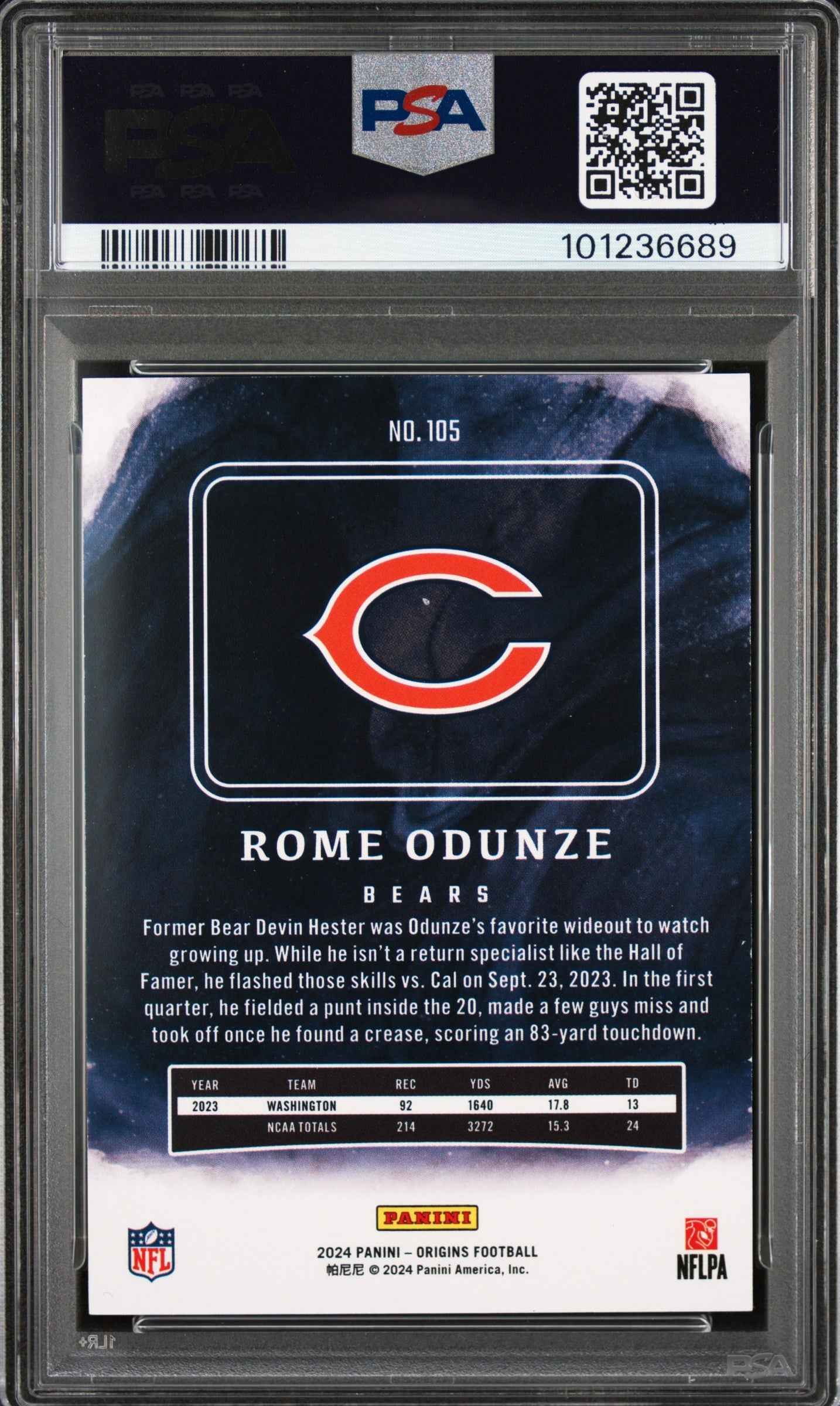Graded 2024 Panini Origins Rome Odunze #105 Rookie RC Football Card PSA 10 Gem Mint