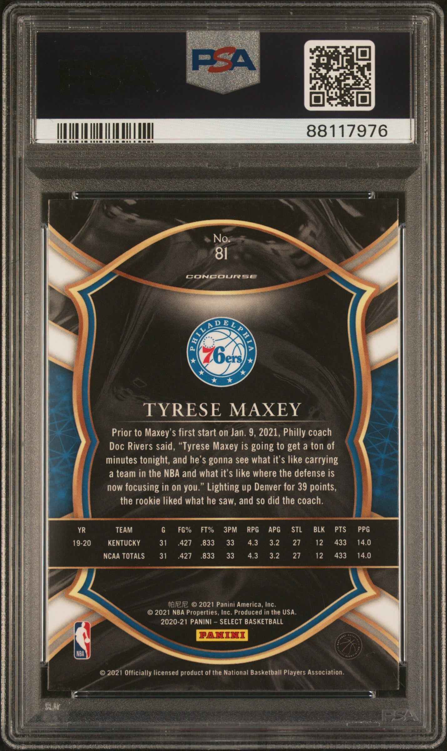 Graded 2020 Panini Select Tyrese Maxey #81 Blue Retail Rookie RC Basketball Card PSA 10 Gem Mint