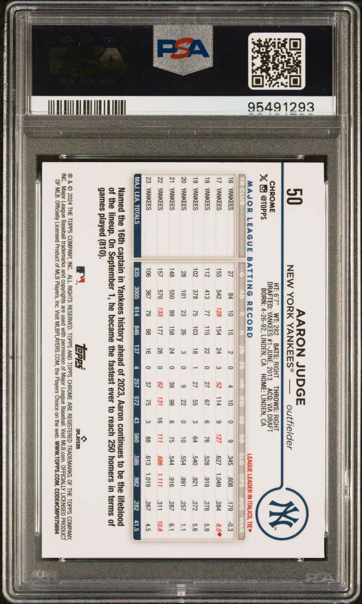 Graded 2024 Topps Chrome Aaron Judge #50 Baseball Card PSA 10 Gem Mint